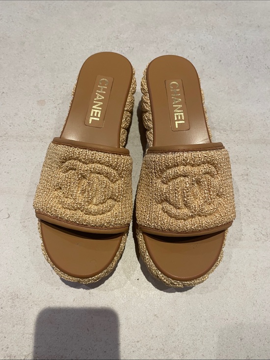 CHANEL Shoes - CHANEL Tan Raffia Slide Clogs with Embossed CC
